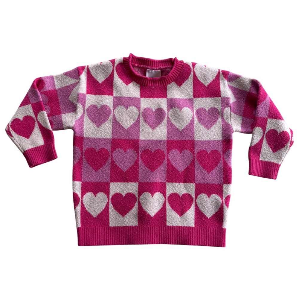 SALT by Ideas Kids Pink Heart Checkerboard Knit Crewneck Sweater Size 1-2 Years